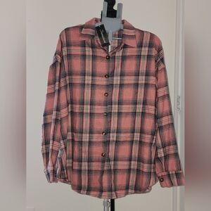 Fantaslook Plaid Button-Up Shirt Pink 2XL Long Sleeve Women